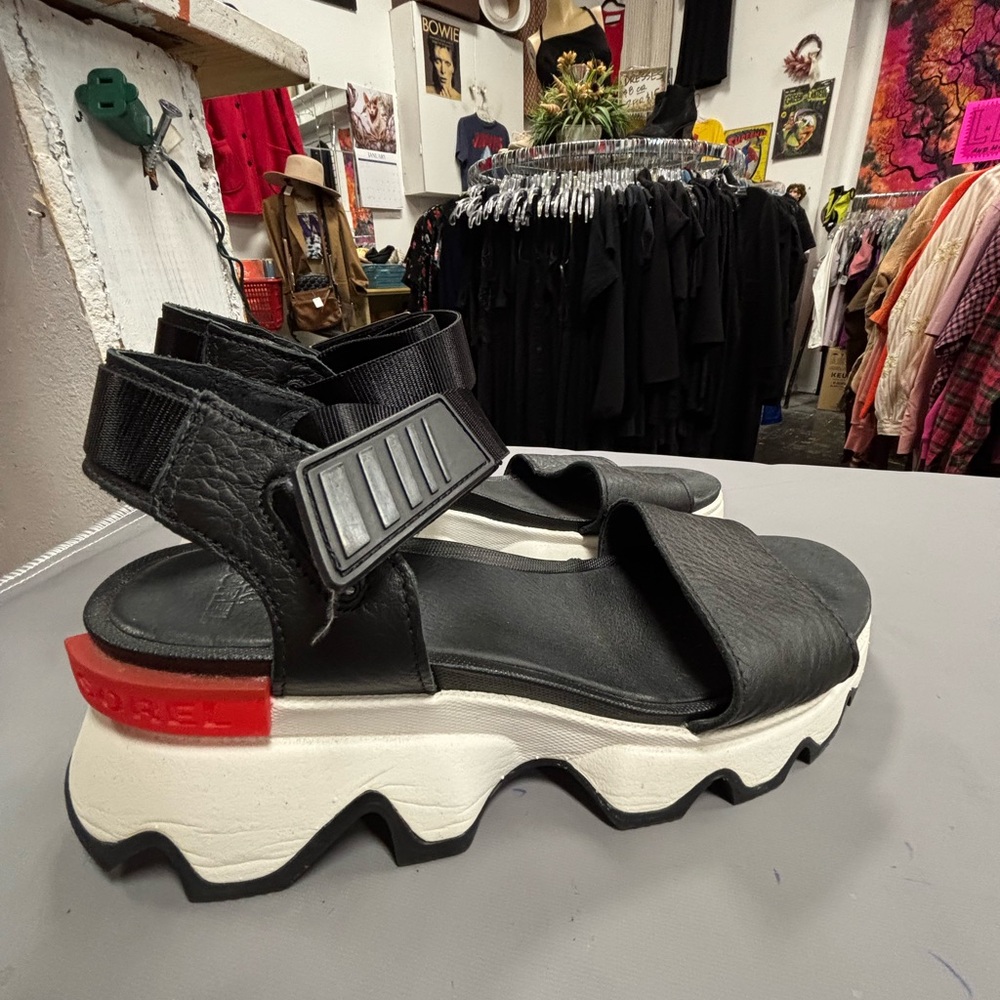 Sorel Black White Chunky Platform Sandals with Red Accent